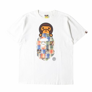 A BATHING APE ア ベイシング エイプ Tシャツ サイズ:M パッチワーク 猿顔 & ベビーマイロ クルーネック 半袖 Tシャツ ホワイト 白 トッ