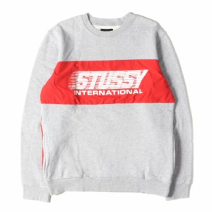 STUSSY ステューシー スウェット サイズ:M ナイロン切替し クルーネック スウェットシャツ ヘザーグレー レッド トップス トレーナー 【