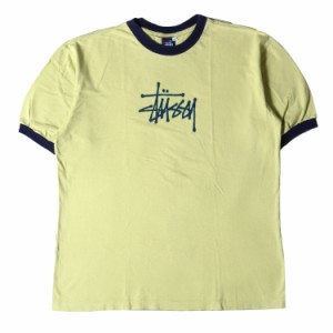 STUSSY ステューシー Tシャツ サイズ:XL 90s OLD STUSSY オールドステューシー 紺タグ ストックロゴ リンガー Tシャツ USA製 イエロー ト