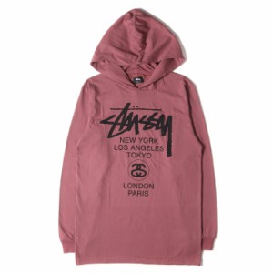 STUSSY ステューシー サイズ:M ワールドツアーロゴ フード付き ロングスリーブ Tシャツ パーカー バーガンディー系 トップス カットソー 