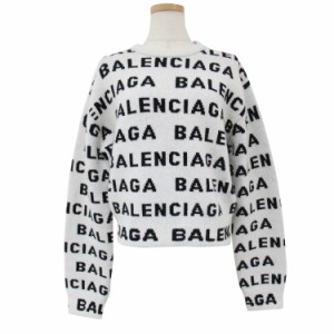 BALENCIAGA バレンシアガ ニット セーター ホワイト ブラック 白 黒 サイズ:XS 長袖 クルーネック ジャガード ロゴ 総柄 ウール 23年秋冬