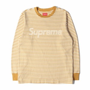Supreme シュプリーム Tシャツ サイズ:S ブランドロゴ ボーダー ロングスリーブTシャツ Striped Logo L/S Top マスタード ホワイト トッ