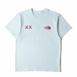 THE NORTH FACE ノースフェイス Tシャツ サイズ:M 22SS 日本未発売 KAWS ロゴ刺繍 クルーネック 半袖Tシャツ Tee アイスブルー トップス 