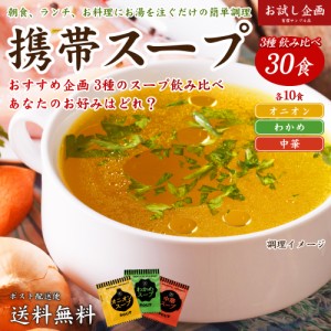 送料無料 3種飲み比べ 携帯スープ 30食 [ﾒｰﾙ便] 500円 送料無 食品 送料無 ポイント消化 お試し オニオンスープ 玉ねぎ タマネギ 中華