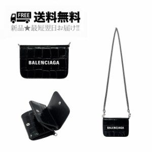 BALENCIAGA バレンシアガ 財布 CASH ミニ ウォレット ストラップ チェーン クロコ型押し ロゴ カーフ イタリア製 ★1090 ブラック K416..