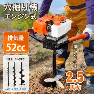 エンジン 穴掘り機 2サイクル 52cc 1.9kw アースオーガー 3種 ドリル付き φ60 φ120 φ200 杭打ち 植樹 穴開 種まき くい打ち 建設 sg04