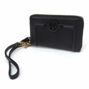 TORY BURCH 二つ折り財布 ﾗｳﾝﾄﾞｼﾞｯﾌﾟ ﾛｺﾞ 黒 ﾚｻﾞｰ 【中古】(62542)