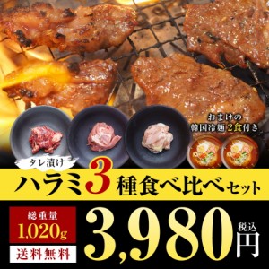 送料無料 タレ漬け焼肉 ハラミ3種セット（牛・豚・鶏） 韓国冷麺2食付き 牛肉 BBQ