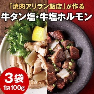 焼肉アリラン飯店の 牛タン塩 牛塩ホルモン 選べる 100g×3袋 牛肉 常温保存OK お酒の おつまみ 非常食 おかず 国産 ホルモン と 厚切り 