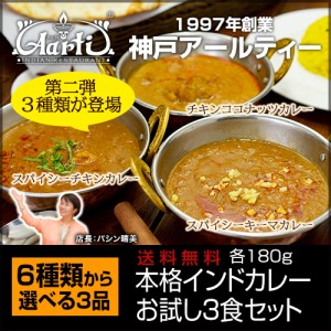 インドカレー選べる3食セット レトルトカレー 常温保存 ≪簡易包装≫ 180gx3袋 ポイント消化 【送料無料】神戸アールティー 