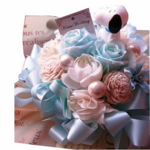 結婚祝い プレゼント スヌーピー入り 花束風 水色バラ プリザーブドフラワー ケース付き ◆記念日の贈り物におすすめギフトです