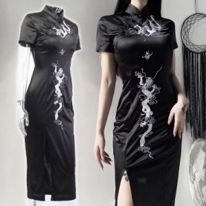 高品質 龍柄刺繍 黒 チャイナドレス コスプレ衣装