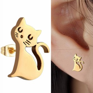 わがままゴールドキャットステンレスピアス/1個販売 金色 金メッキ 猫 ねこ ネコ アニマル 動物 カワイイ 可愛い 面白 おもしろ キャッチ