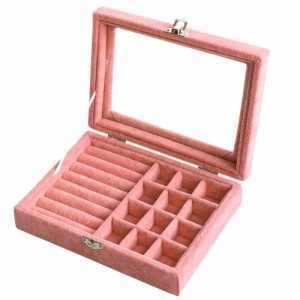 スモールジュエリーボックス（指輪/ピアス用）ピンク 高級 可愛い ベルベット ディスプレイボックス ガラス コレクションボックス レディ