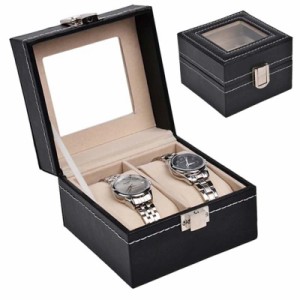 時計ディスプレイケース（2本用 ブラック） 高級 レザー ベルベット 革 皮 ディスプレイボックス ガラス コレクションボックス 女性 レデ