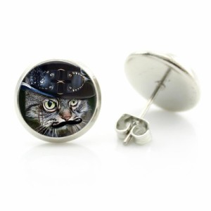 14mm カボションピアス (ドクターキャット) 1ペア 両耳 猫 ネコ ねこ アニマル 動物 丸型 丸い カボーション 20G 20ゲージ 20g ファッシ