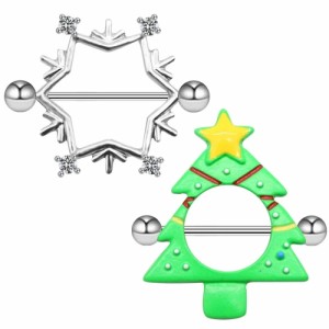 [ 14G ニップル 乳首 ボディピアス] クリスマスシールド ニップルピアス 14ゲージ クリスマスツリー 星 スター グリーン 緑色 雪の結晶 