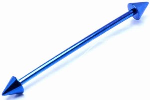 [インダストリアル用 14G チタングレード23] ブルーチタン メガバーべル ネジ コーン スパイク とんがり 青色 14ゲージ ストレートバーベ