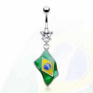 国旗へそピアス（ ブラジル ） 14G 14ゲージ 揺れる ジルコニア クリスタル ラインストーン ヘソピアス 臍ピアス ボディピアス サージカ