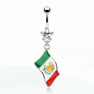 国旗へそピアス（ メキシコ ） 14G 14ゲージ 揺れる ジルコニア クリスタル ラインストーン ヘソピアス 臍ピアス ボディピアス サージカ