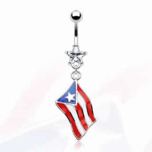 国旗へそピアス（ プエルトリコ ） 14G 14ゲージ 揺れる ジルコニア クリスタル ラインストーン ヘソピアス 臍ピアス ボディピアス サー