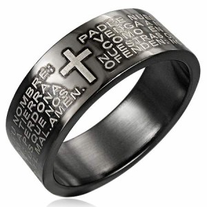 ブラックメッセージクロスリング（L）（ERB066）サイズ/17号 十字架 ロザリオ 指輪幅あり ステンレスリング 指輪 サージカルステンレス31