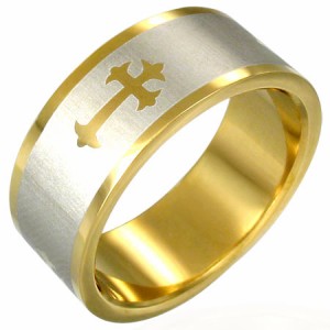 セインゴールドクロスリング（ERG020）サイズ/15号/26号/28号 十字架 金色 ロザリオ 幅が厚い 重厚 ステンレスリング 指輪 サージカルス