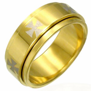ゴールドアイアンクロススピンステンレスリング（RSG014）サイズ/26号 十字架 回転する指輪 まわす 金色 サージカルステンレス316L メン