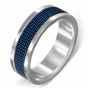 ブルーメッシュステンレスリング（SRV184）サイズ/14号 青色 おもしろ指輪 サージカルステンレス316L メンズ レディース ペアリング プレ