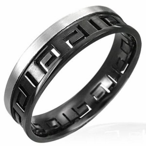 カットブラックキーステンレスリング（VRR050）サイズ/15号 黒色 ギリシャ文字で永遠 指輪 サージカルステンレス316L メンズ レディース 