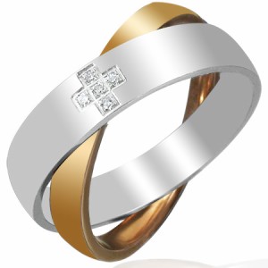 ピンクゴールドクロスジュエルステンレスリング（VRR075）サイズ/20号 十字架 クリスタル ジルコニア 指輪 サージカルステンレス316L メ