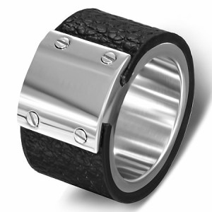 レザーバイザーステンレスリング（VRR199）サイズ/21号 皮の指輪 革とステンのコラボ オモシロ サージカルステンレス316L メンズ レディ