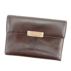 プラダ PRADA 三つ折り財布ロゴプレート ブラウン シルバー レディース 中古