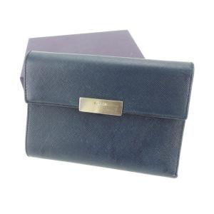 プラダ PRADA 三つ折り財布ロゴプレート ダークネイビー×シルバー レディース 中古