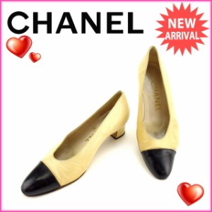 シャネル パンプス シューズ 靴 ♯34ハーフC ローヒール バイカラー ベージュ×ブラック CHANEL レディース 1点物 人気 良品 秋 オシャレ