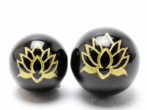 【彫刻ビーズ・彫りビーズ】ブラックオニキス 12mm 彫刻ビーズ 蓮花 金彫り 【彫刻 一粒売りビーズ】 天然石 パワーストーン