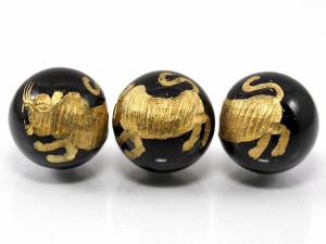 虎 オニキス 金彫り 16mm ビーズ 【彫刻 一粒売りビーズ】