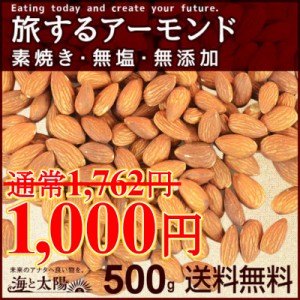 【SALE！1000円ぽっきり】  ＜旅するアーモンド500g＞ 素焼き 無添加 無塩 メール便 送料無料 ノンパレル種 ロカボ 海と太陽 ポイント消