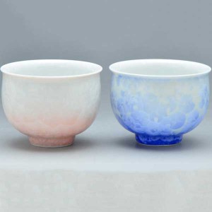 【送料無料】 京焼 清水焼 湯呑み茶碗 ペアお茶呑茶碗 花結晶（白地青赤） はなけっしょう（しろじあおあか）