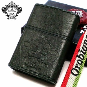 ZIPPO おしゃれ オロビアンコ ダメージグリーン ジッポ ライター ブランド 本牛革巻き かっこいい Orobinco レザー 皮 型押し ロゴ 渋い 