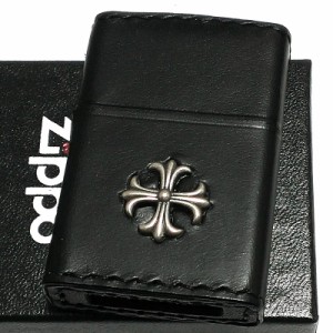 ZIPPO ライター 本牛革巻き ブラック Leather Cross ジッポ レザー クロス 黒 シンプル 十字架 牛革 かっこいい おしゃれ メンズ 男性