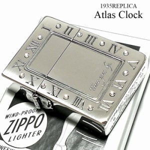 ZIPPO ライター ジッポ 1935 復刻レプリカ アトラースクロック シルバー 燻し 時計 ラインストーン 3バレル かっこいい おしゃれ 角型