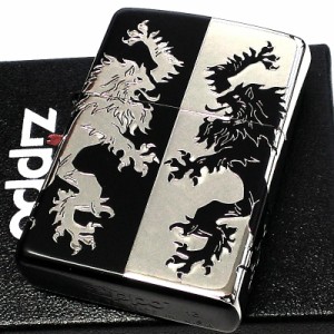 ZIPPO ライター モノトーンライオン ジッポ かっこいい ブラック×シルバー 黒銀 5面加工 エッチング彫刻 おしゃれ プレゼント メンズ 