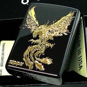 ZIPPO ライター 鳳凰 かっこいい 黒金 和柄 ブラックニッケル 金差し ジッポ ロゴ お守り 彫刻 ゴールド メンズ 御守り おしゃれ 