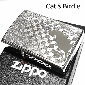 ZIPPO ライター ネコと小鳥 ジッポ 猫 細密エッチング かわいい 花畑 ユニーク ねこ 可愛い 女性 レディース メンズ ギフト プレゼント