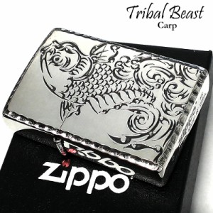 ZIPPO ライター トライバルビースト ジッポ 鯉 アンティーク シルバー 和柄 銀燻し仕上げ リューター加工 昇鯉 両面加工