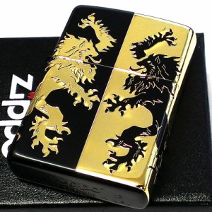 ZIPPO モノトーンライオン ジッポ ライター ブラック×ゴールド かっこいい 黒金 5面加工 エッチング彫刻 おしゃれ プレゼント メンズ 