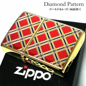 ZIPPO ダイアモンドパターン ジッポ ライター ゴールド＆レッド 金タンク 赤 両面加工 彫刻 かっこいい メンズ ギフト 