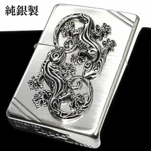 ZIPPO ライター 純銀 スターリングシルバー ラッキーチャーム ゲッコー お守り ジッポ シンプル ダイアゴナルライン 1937フラットトップ 