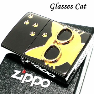 ZIPPO 猫 ライター サングラス 可愛い ジッポ ネコ ユニーク 足跡 ブラックニッケル キャット メタル貼り かわいい ねこ 金差し レディー